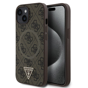 Apple iPhone 15 Kılıf Guess Orjinal Lisanslı M-safe Şarj Özellikli PU Üçgen Logo 4G Desenli Kapak