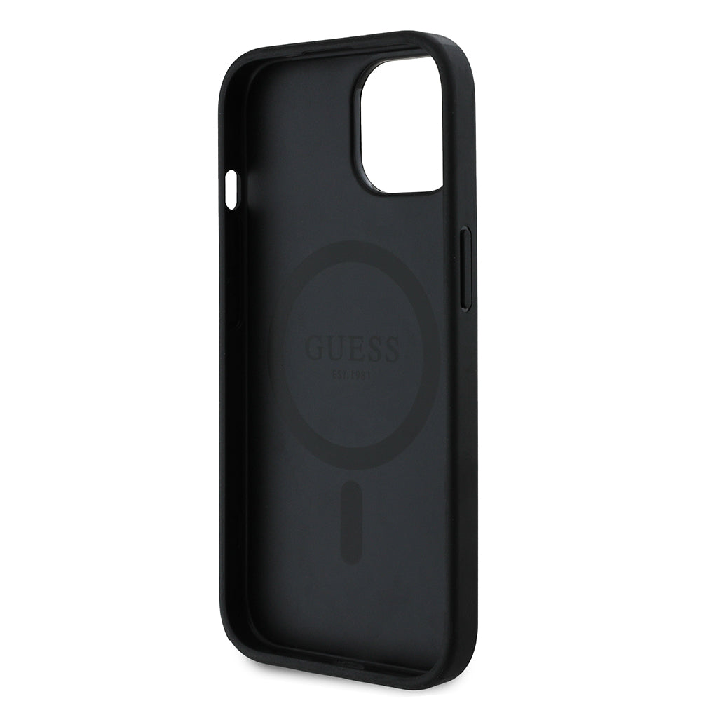 Apple iPhone 15 Kılıf Guess Orjinal Lisanslı M-safe Şarj Özellikli PU Üçgen Logo 4G Desenli Kapak