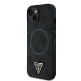 Apple iPhone 15 Kılıf Guess Orjinal Lisanslı M-safe Şarj Özellikli PU Üçgen Logo 4G Desenli Kapak