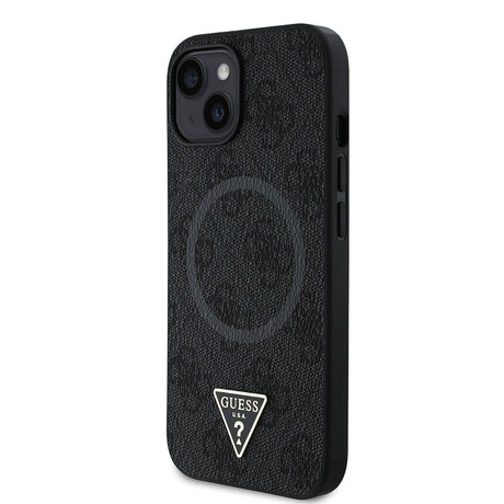 Apple iPhone 15 Kılıf Guess Orjinal Lisanslı M-safe Şarj Özellikli PU Üçgen Logo 4G Desenli Kapak