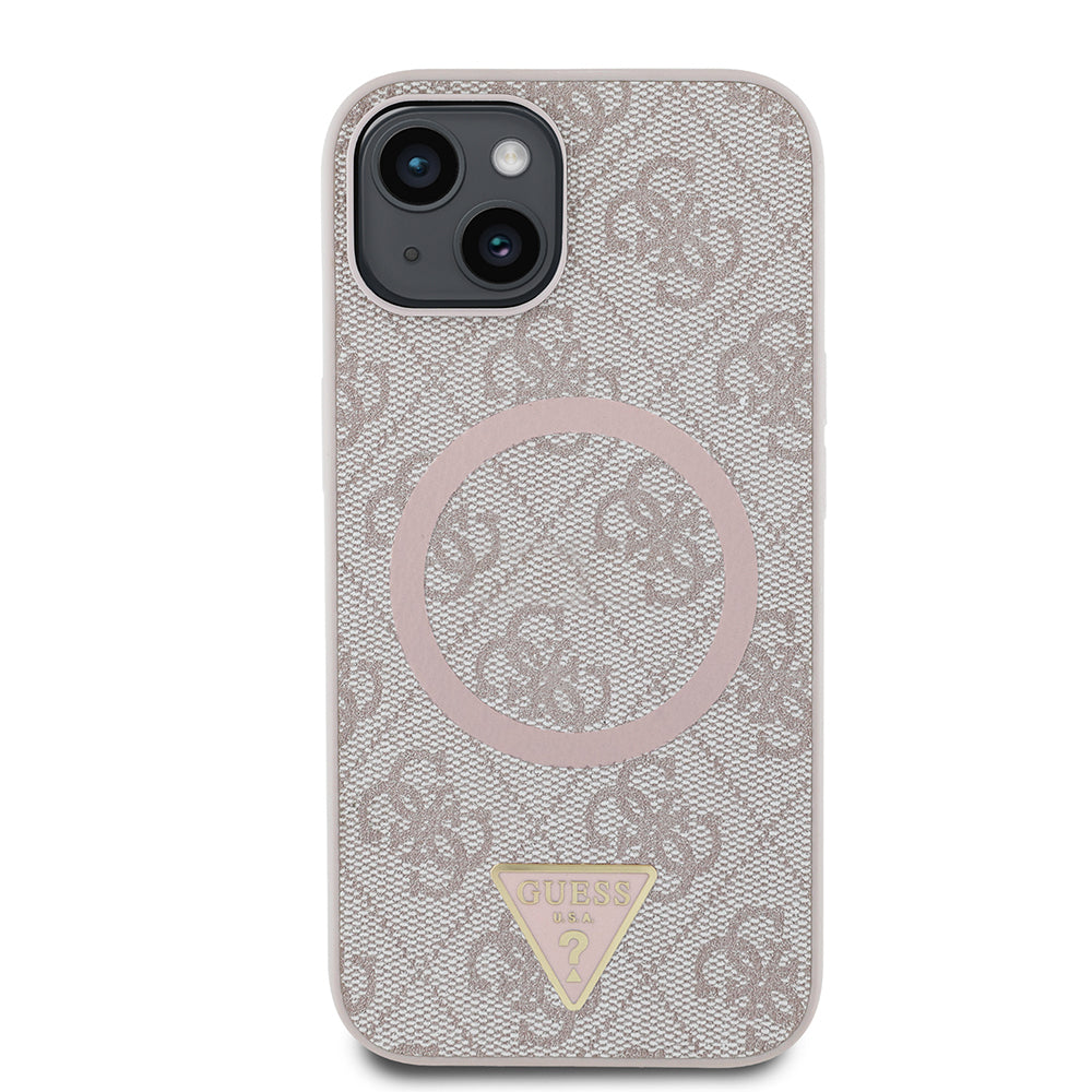 Apple iPhone 15 Kılıf Guess Orjinal Lisanslı M-safe Şarj Özellikli PU Üçgen Logo 4G Desenli Kapak