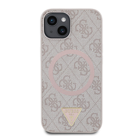 Apple iPhone 15 Kılıf Guess Orjinal Lisanslı M-safe Şarj Özellikli PU Üçgen Logo 4G Desenli Kapak