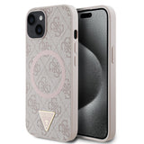 Apple iPhone 15 Kılıf Guess Orjinal Lisanslı M-safe Şarj Özellikli PU Üçgen Logo 4G Desenli Kapak