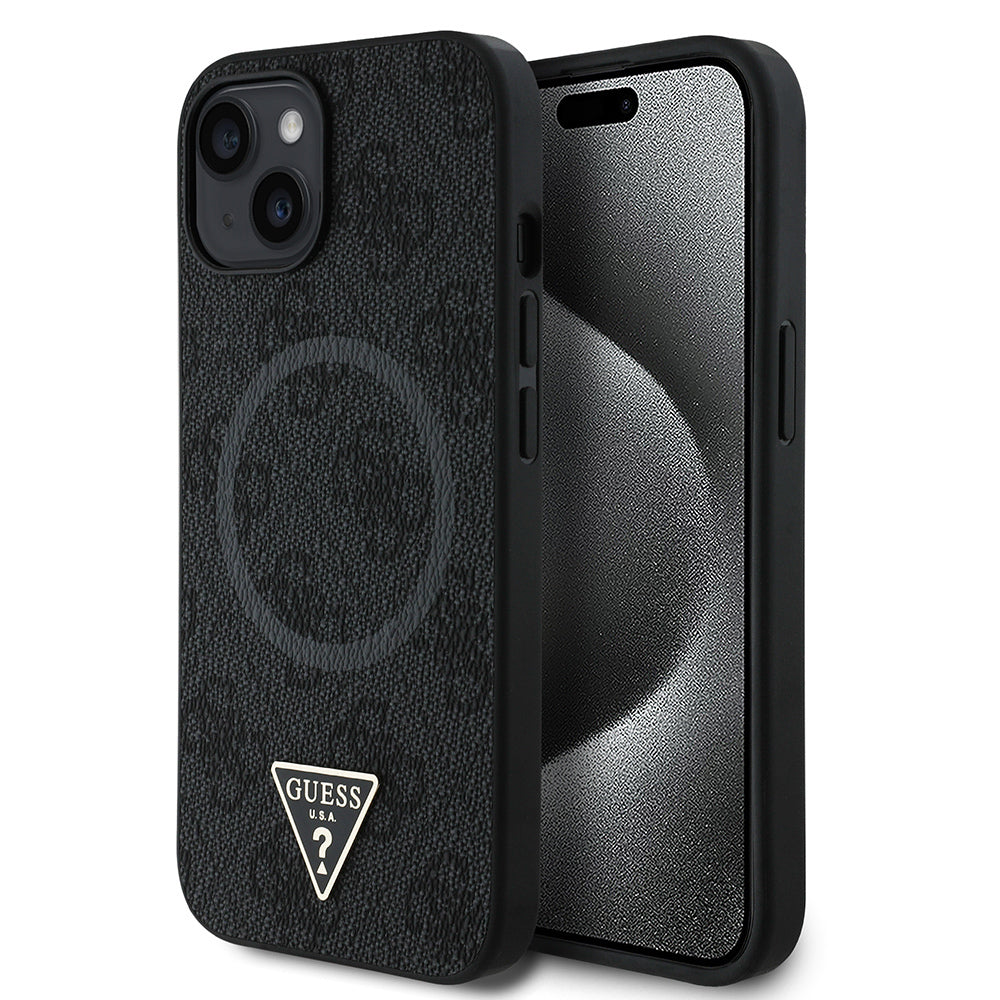 Apple iPhone 15 Kılıf Guess Orjinal Lisanslı M-safe Şarj Özellikli PU Üçgen Logo 4G Desenli Kapak