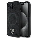 Apple iPhone 15 Kılıf Guess Orjinal Lisanslı M-safe Şarj Özellikli PU Üçgen Logo 4G Desenli Kapak