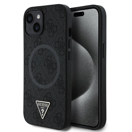 Apple iPhone 15 Kılıf Guess Orjinal Lisanslı M-safe Şarj Özellikli PU Üçgen Logo 4G Desenli Kapak