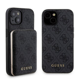 Apple iPhone 15 Kılıf Guess Orjinal Lisanslı M-safe Şarj Özellikli Yazı Logolu 4G Desenli Kapak + Powerbank 5000mAh 2in1 Set