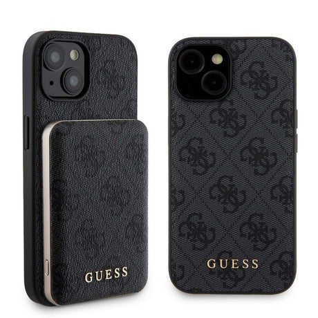 Apple iPhone 15 Kılıf Guess Orjinal Lisanslı M-safe Şarj Özellikli Yazı Logolu 4G Desenli Kapak + Powerbank 5000mAh 2in1 Set