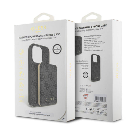 Apple iPhone 15 Kılıf Guess Orjinal Lisanslı M-safe Şarj Özellikli Yazı Logolu 4G Desenli Kapak + Powerbank 5000mAh 2in1 Set