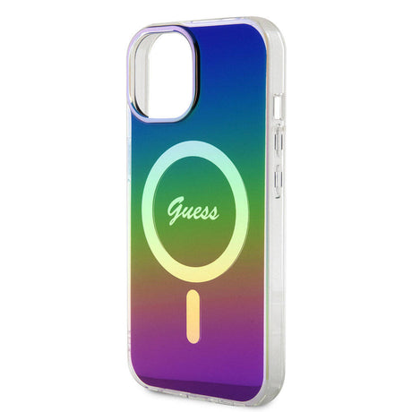 Apple iPhone 15 Kılıf Guess Orjinal Lisanslı M-safe Şarj Özellikli Yazı Logolu Iridescent Kapak