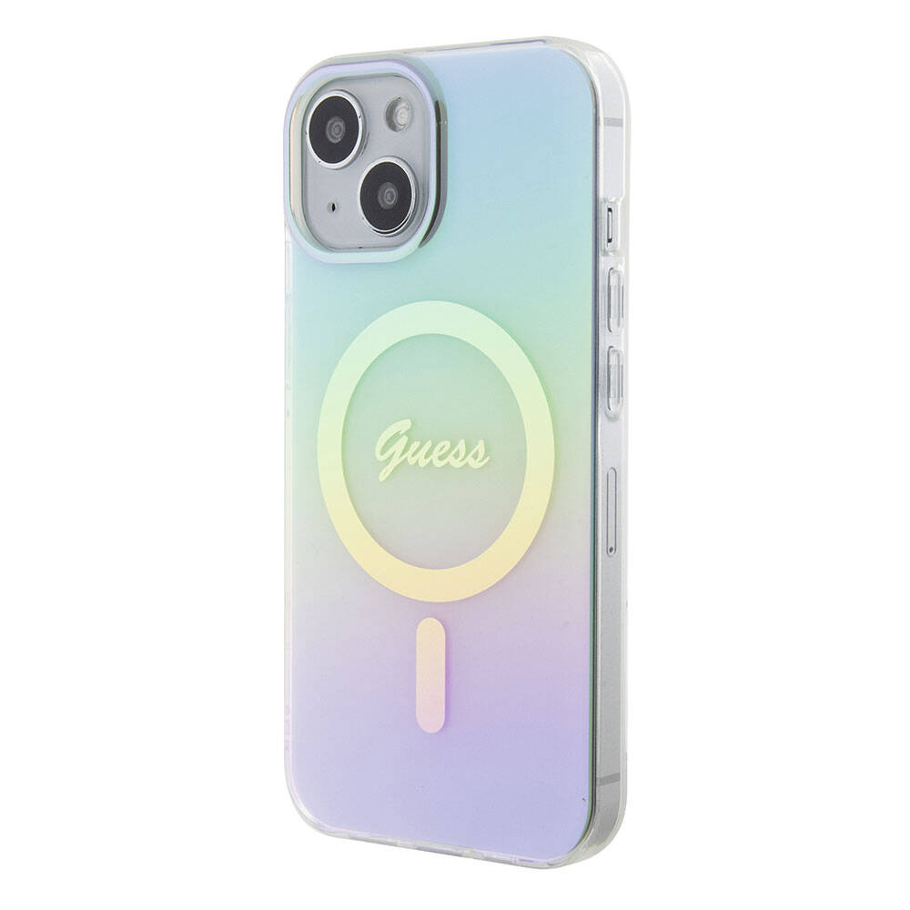 Apple iPhone 15 Kılıf Guess Orjinal Lisanslı M-safe Şarj Özellikli Yazı Logolu Iridescent Kapak