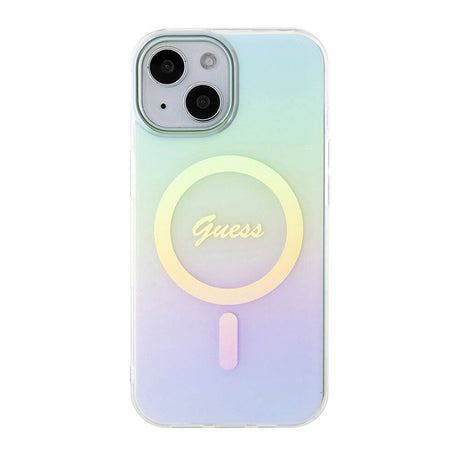Apple iPhone 15 Kılıf Guess Orjinal Lisanslı M-safe Şarj Özellikli Yazı Logolu Iridescent Kapak