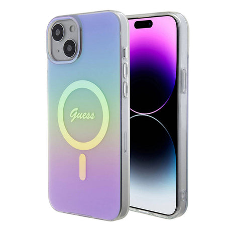 Apple iPhone 15 Kılıf Guess Orjinal Lisanslı M-safe Şarj Özellikli Yazı Logolu Iridescent Kapak
