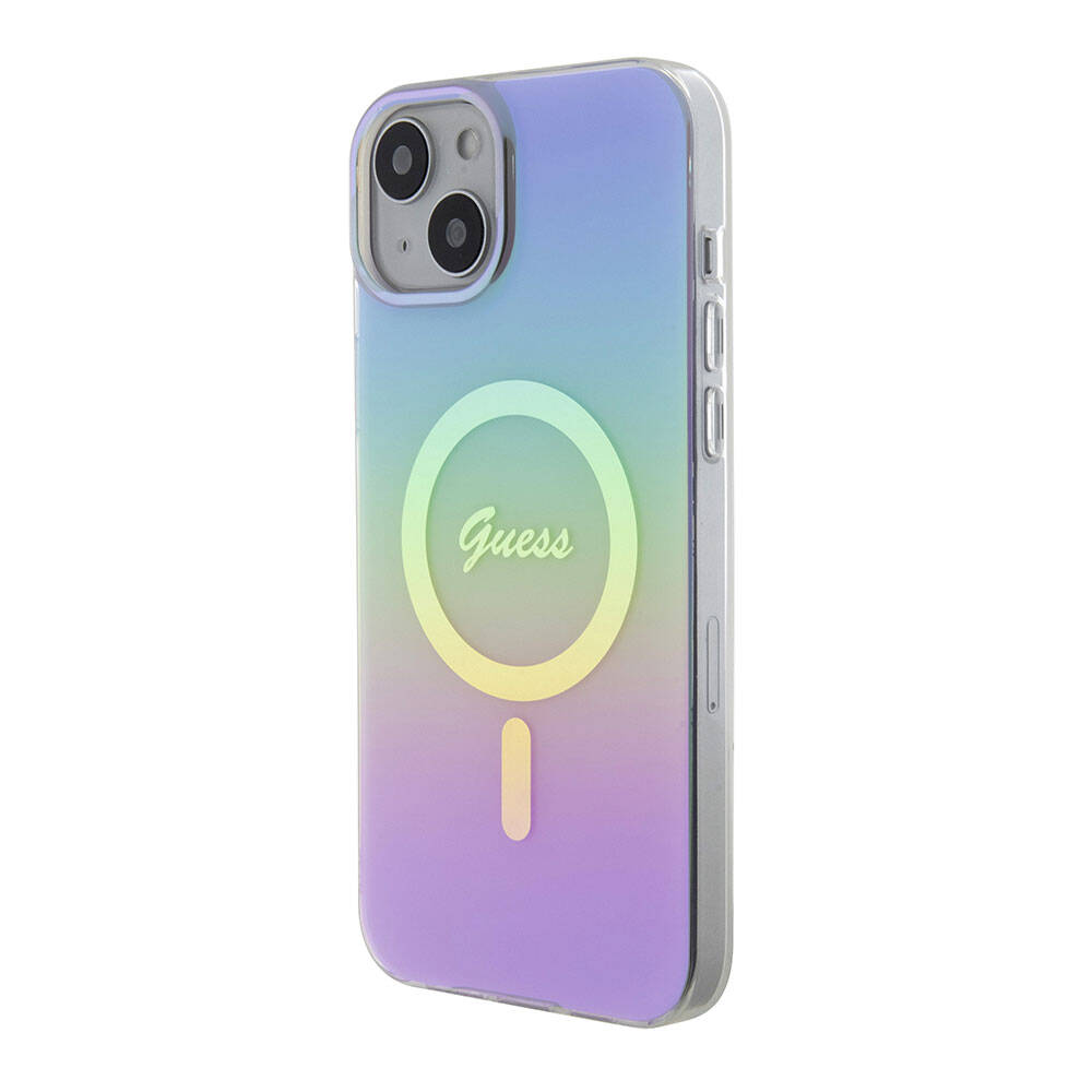 Apple iPhone 15 Kılıf Guess Orjinal Lisanslı M-safe Şarj Özellikli Yazı Logolu Iridescent Kapak