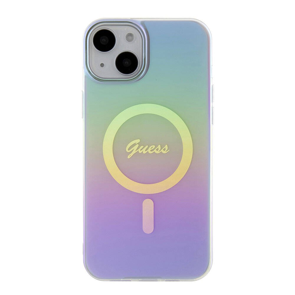 Apple iPhone 15 Kılıf Guess Orjinal Lisanslı M-safe Şarj Özellikli Yazı Logolu Iridescent Kapak