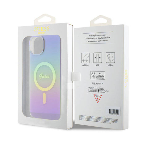 Apple iPhone 15 Kılıf Guess Orjinal Lisanslı M-safe Şarj Özellikli Yazı Logolu Iridescent Kapak