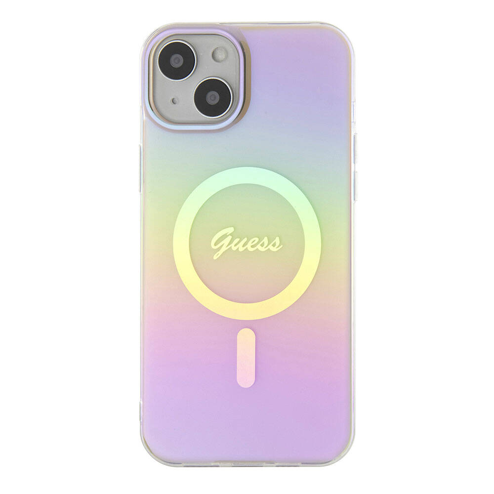 Apple iPhone 15 Kılıf Guess Orjinal Lisanslı M-safe Şarj Özellikli Yazı Logolu Iridescent Kapak