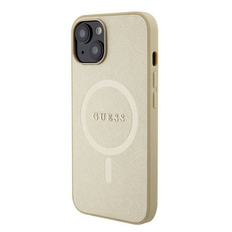 Apple iPhone 15 Kılıf Guess Orjinal Lisanslı M-safe Şarj Özellikli Yazı Logolu Saffiano Kapak