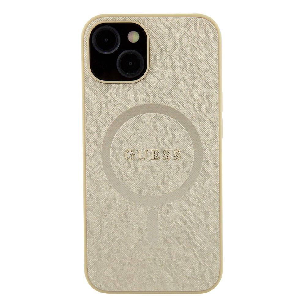 Apple iPhone 15 Kılıf Guess Orjinal Lisanslı M-safe Şarj Özellikli Yazı Logolu Saffiano Kapak