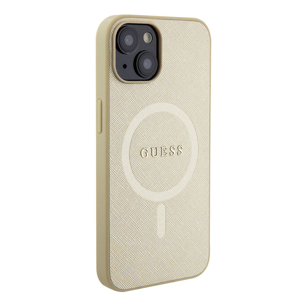 Apple iPhone 15 Kılıf Guess Orjinal Lisanslı M-safe Şarj Özellikli Yazı Logolu Saffiano Kapak