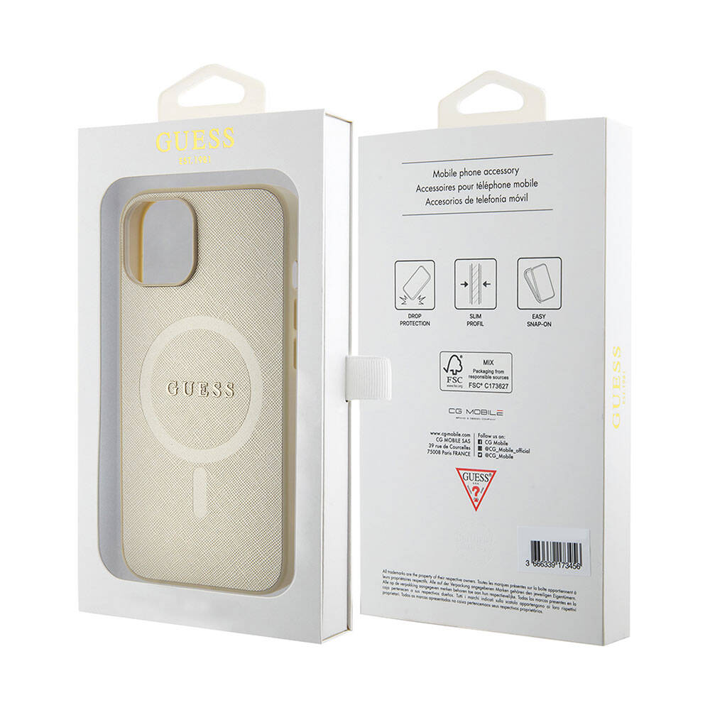 Apple iPhone 15 Kılıf Guess Orjinal Lisanslı M-safe Şarj Özellikli Yazı Logolu Saffiano Kapak