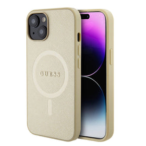 Apple iPhone 15 Kılıf Guess Orjinal Lisanslı M-safe Şarj Özellikli Yazı Logolu Saffiano Kapak