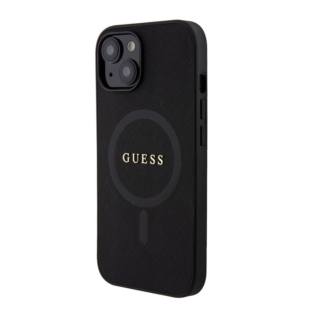 Apple iPhone 15 Kılıf Guess Orjinal Lisanslı M-safe Şarj Özellikli Yazı Logolu Saffiano Kapak
