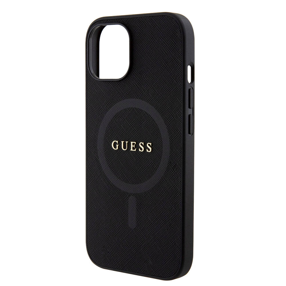 Apple iPhone 15 Kılıf Guess Orjinal Lisanslı M-safe Şarj Özellikli Yazı Logolu Saffiano Kapak
