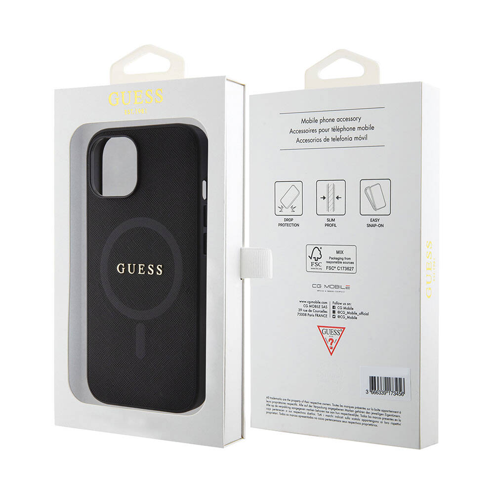 Apple iPhone 15 Kılıf Guess Orjinal Lisanslı M-safe Şarj Özellikli Yazı Logolu Saffiano Kapak