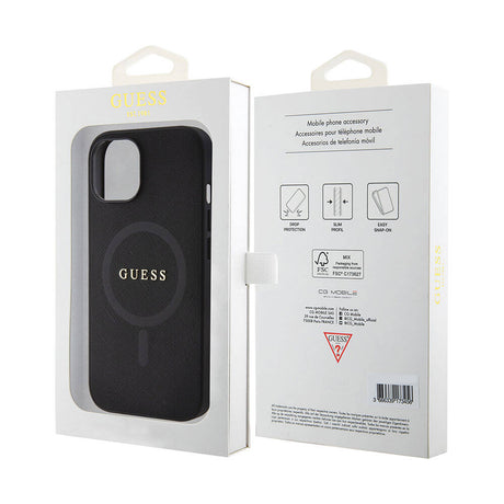 Apple iPhone 15 Kılıf Guess Orjinal Lisanslı M-safe Şarj Özellikli Yazı Logolu Saffiano Kapak
