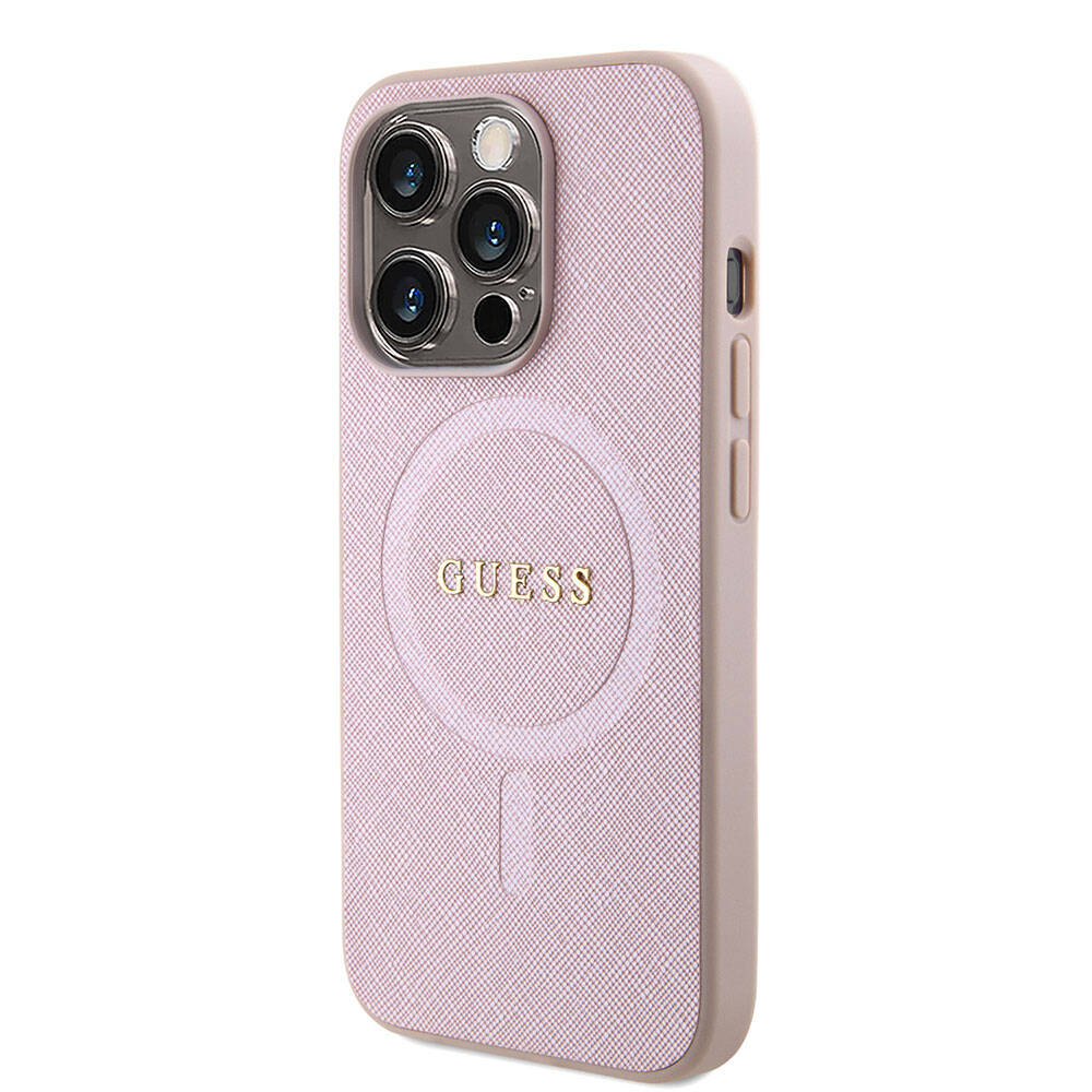 Apple iPhone 15 Kılıf Guess Orjinal Lisanslı M-safe Şarj Özellikli Yazı Logolu Saffiano Kapak