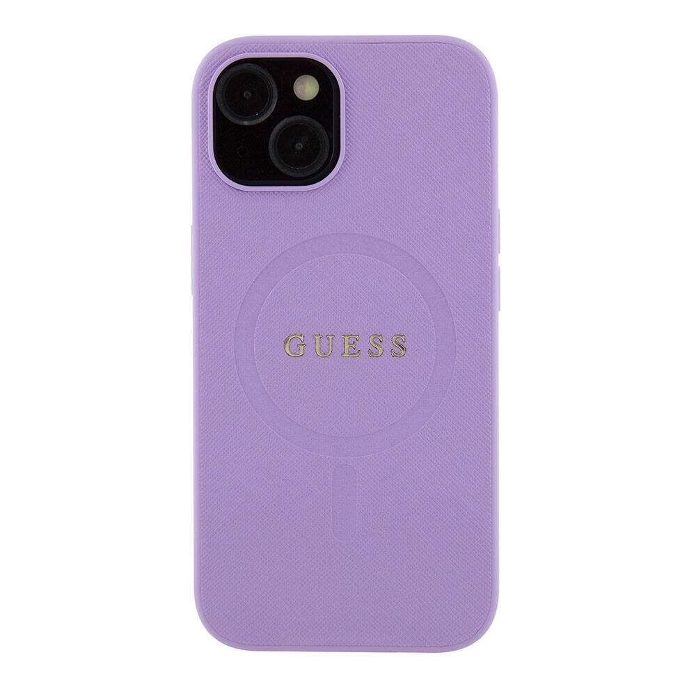 Apple iPhone 15 Kılıf Guess Orjinal Lisanslı M-safe Şarj Özellikli Yazı Logolu Saffiano Kapak