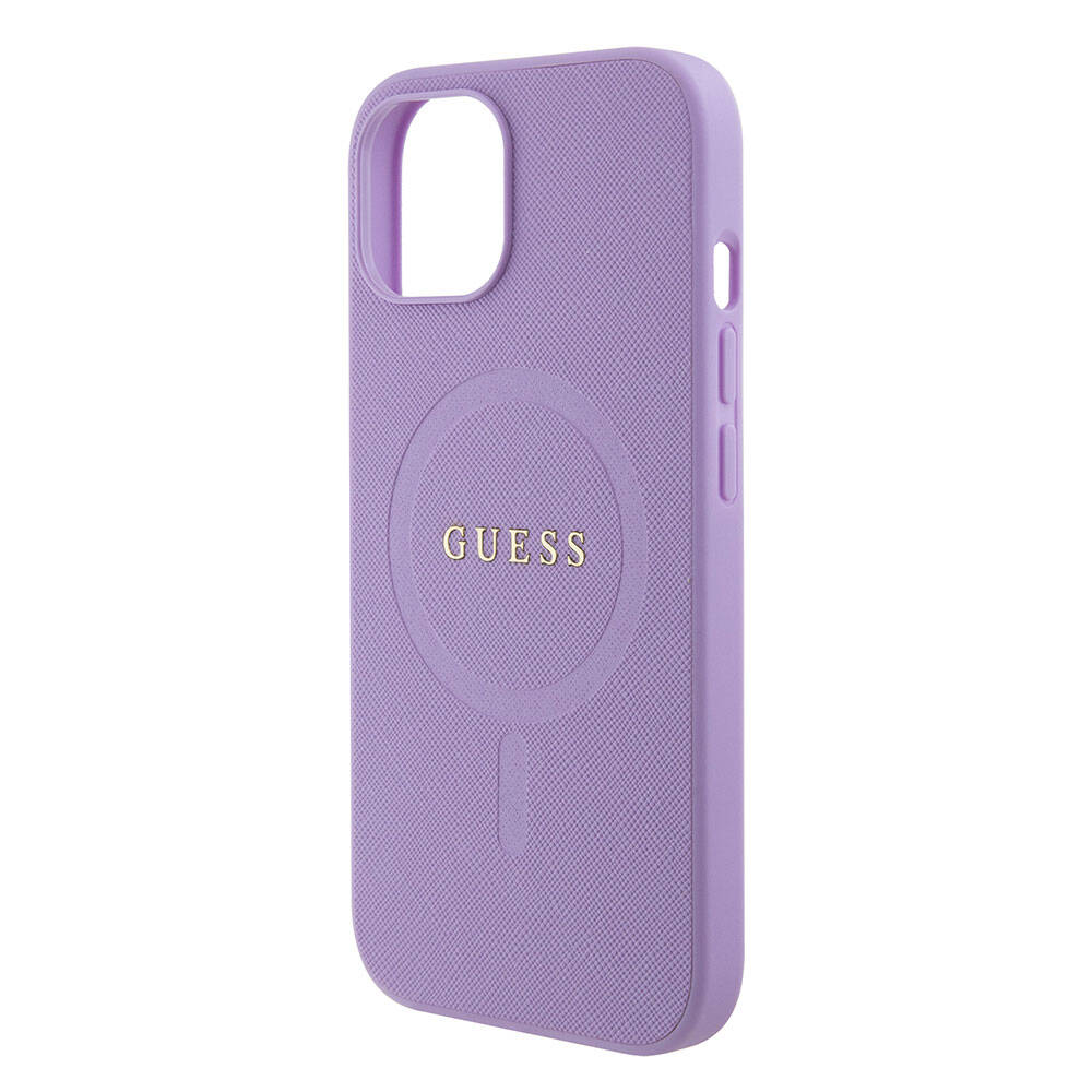 Apple iPhone 15 Kılıf Guess Orjinal Lisanslı M-safe Şarj Özellikli Yazı Logolu Saffiano Kapak