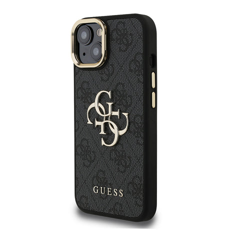 Apple iPhone 15 Kılıf Guess Orjinal Lisanslı PU Deri 4G Desenli Metal Büyük 4G ve Yazı Logolu Kamera Standlı Kapak