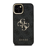 Apple iPhone 15 Kılıf Guess Orjinal Lisanslı PU Deri 4G Desenli Metal Büyük 4G ve Yazı Logolu Kamera Standlı Kapak