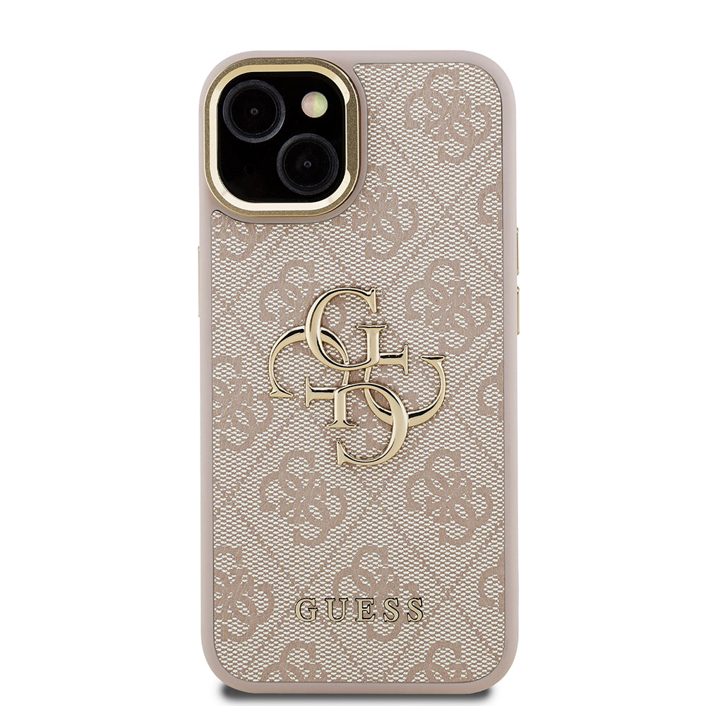 Apple iPhone 15 Kılıf Guess Orjinal Lisanslı PU Deri 4G Desenli Metal Büyük 4G ve Yazı Logolu Kamera Standlı Kapak