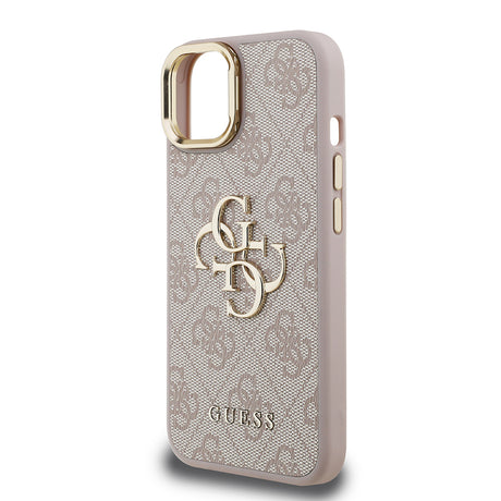 Apple iPhone 15 Kılıf Guess Orjinal Lisanslı PU Deri 4G Desenli Metal Büyük 4G ve Yazı Logolu Kamera Standlı Kapak
