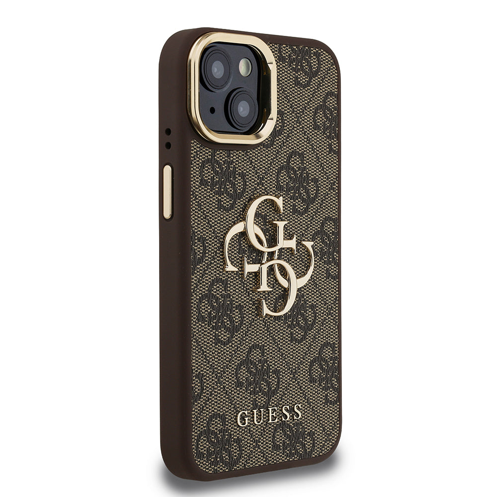 Apple iPhone 15 Kılıf Guess Orjinal Lisanslı PU Deri 4G Desenli Metal Büyük 4G ve Yazı Logolu Kamera Standlı Kapak