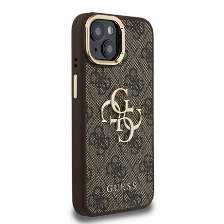 Apple iPhone 15 Kılıf Guess Orjinal Lisanslı PU Deri 4G Desenli Metal Büyük 4G ve Yazı Logolu Kamera Standlı Kapak