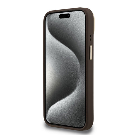 Apple iPhone 15 Kılıf Guess Orjinal Lisanslı PU Deri 4G Desenli Metal Büyük 4G ve Yazı Logolu Kamera Standlı Kapak