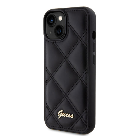 Apple iPhone 15 Kılıf Guess Orjinal Lisanslı PU Deri Metal Yazı Logolu Kapitone Kapak