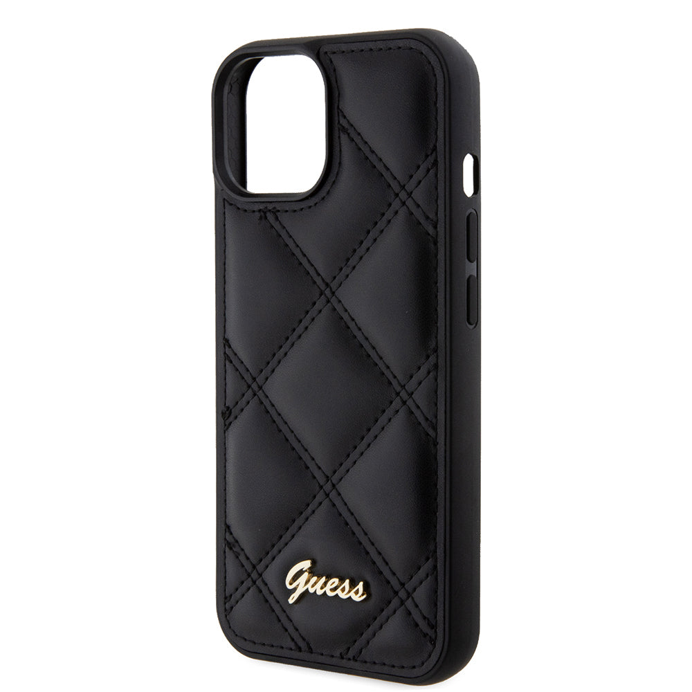 Apple iPhone 15 Kılıf Guess Orjinal Lisanslı PU Deri Metal Yazı Logolu Kapitone Kapak