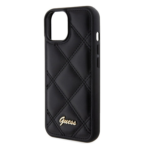 Apple iPhone 15 Kılıf Guess Orjinal Lisanslı PU Deri Metal Yazı Logolu Kapitone Kapak