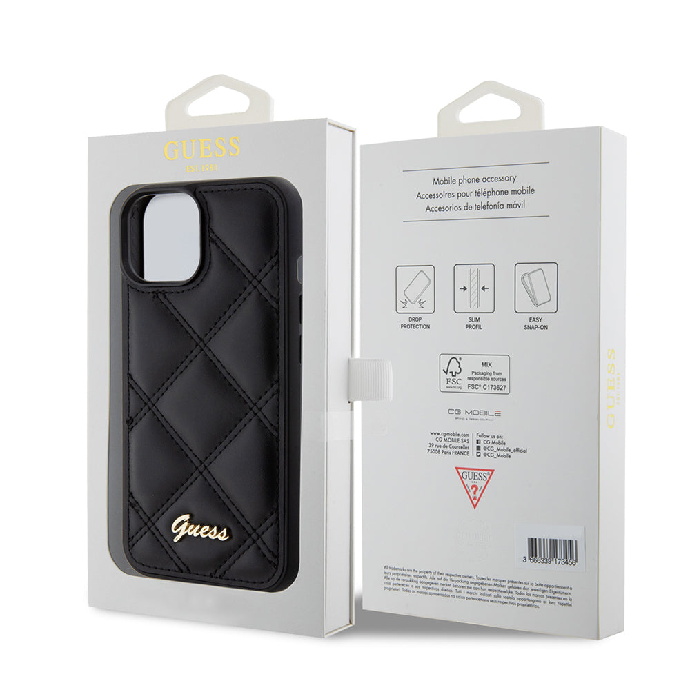 Apple iPhone 15 Kılıf Guess Orjinal Lisanslı PU Deri Metal Yazı Logolu Kapitone Kapak