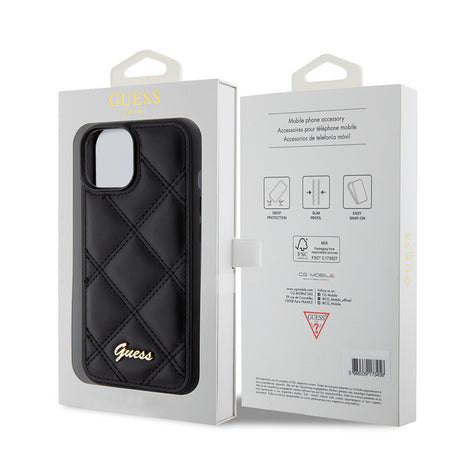 Apple iPhone 15 Kılıf Guess Orjinal Lisanslı PU Deri Metal Yazı Logolu Kapitone Kapak