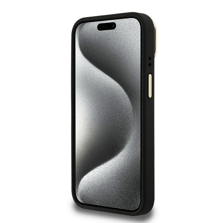 Apple iPhone 15 Kılıf Guess Orjinal Lisanslı PU Deri Taşlı Üçgen Logo 4G Desenli Kamera Standlı Kapak