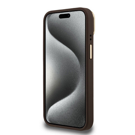 Apple iPhone 15 Kılıf Guess Orjinal Lisanslı PU Deri Taşlı Üçgen Logo 4G Desenli Kamera Standlı Kapak