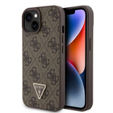 Apple iPhone 15 Kılıf Guess Orjinal Lisanslı PU Deri Taşlı Üçgen Logo 4G Desenli Strass Kapak
