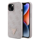 Apple iPhone 15 Kılıf Guess Orjinal Lisanslı PU Deri Taşlı Üçgen Logo 4G Desenli Strass Kapak