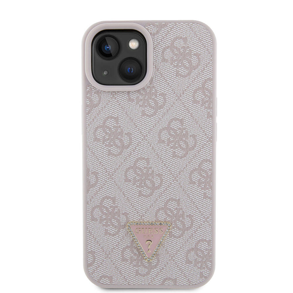 Apple iPhone 15 Kılıf Guess Orjinal Lisanslı PU Deri Taşlı Üçgen Logo 4G Desenli Strass Kapak